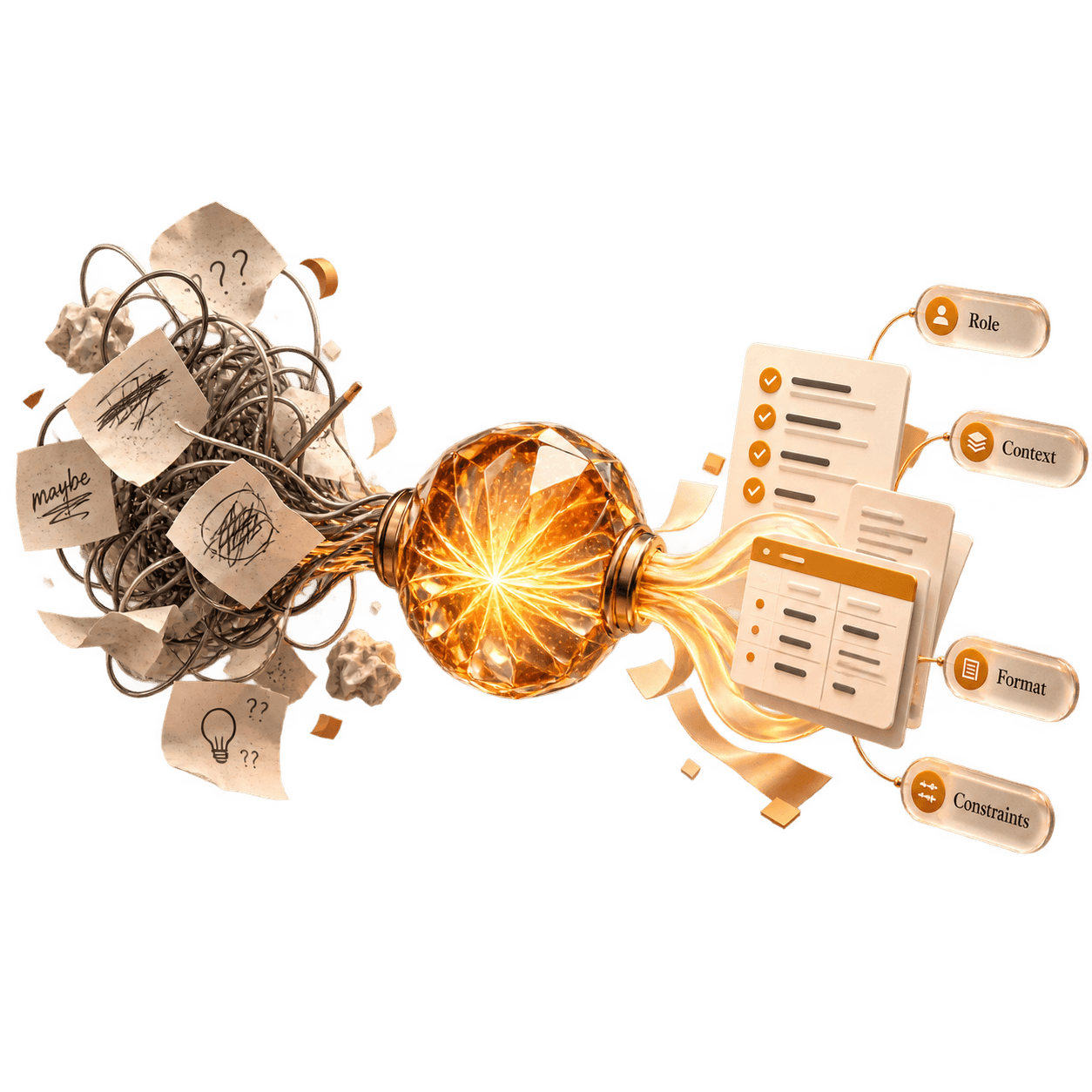 A tangle of vague prompts passing through the PrePrompt engine and emerging as clear, structured prompts